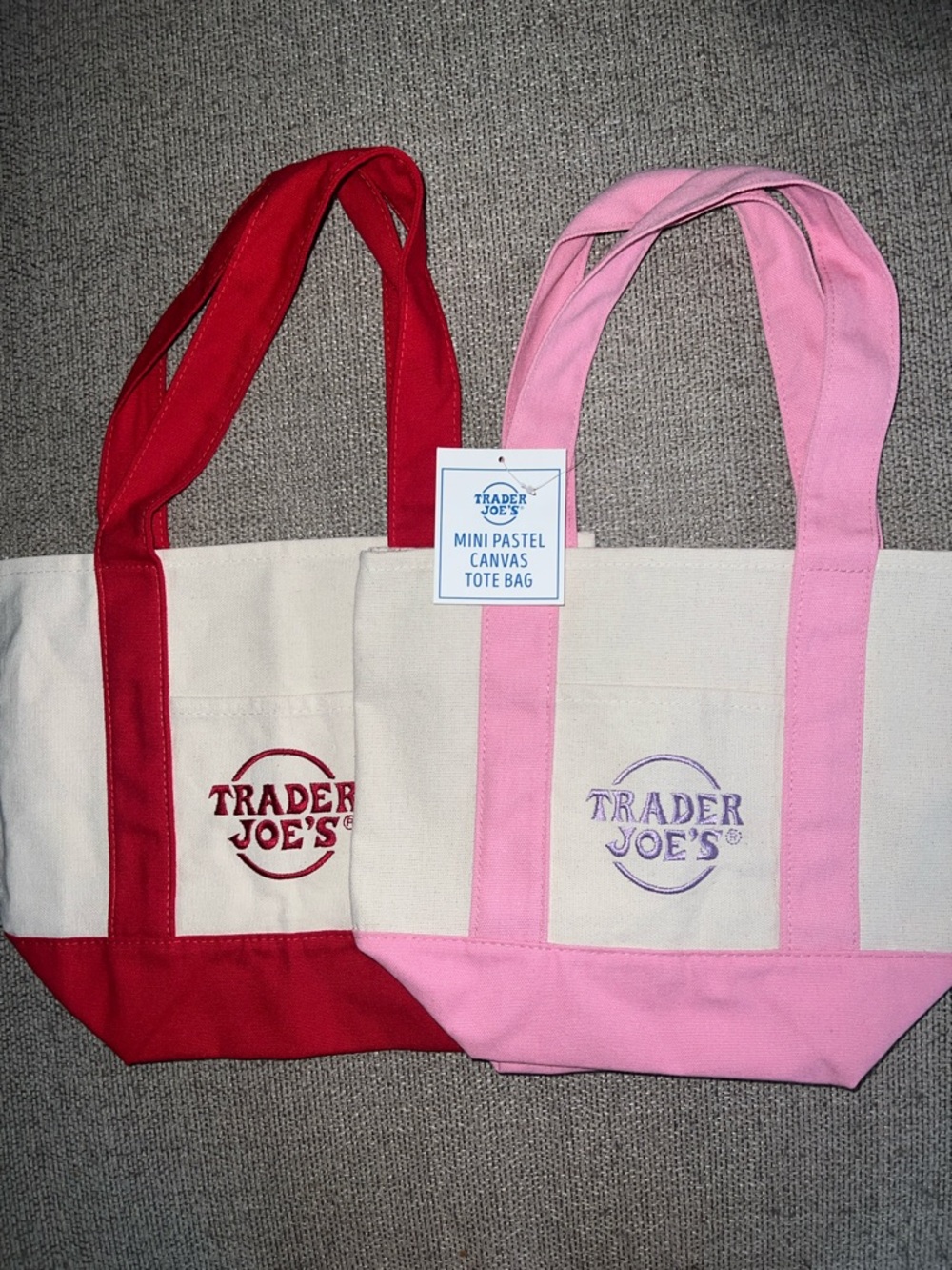 Two Trader Jo’s Mini Canvas Tote Bags-Pink & Red